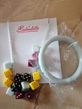 Splendette Dice Bangle and Necklace Set - New - Bangle Is Medium Classic Sized